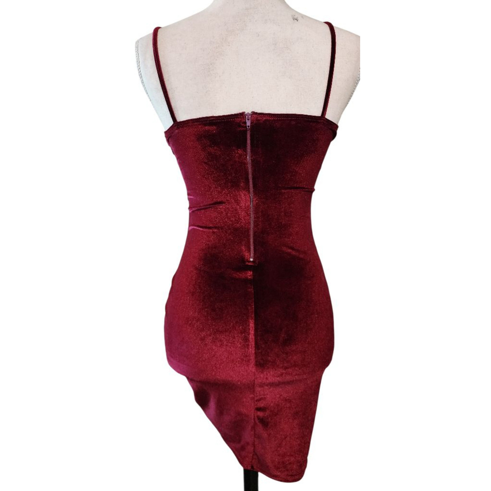 Windsor Burgundy Velvet Mini Dress Ruched Side Drawstring Spaghetti Straps Small - Picture 4 of 11